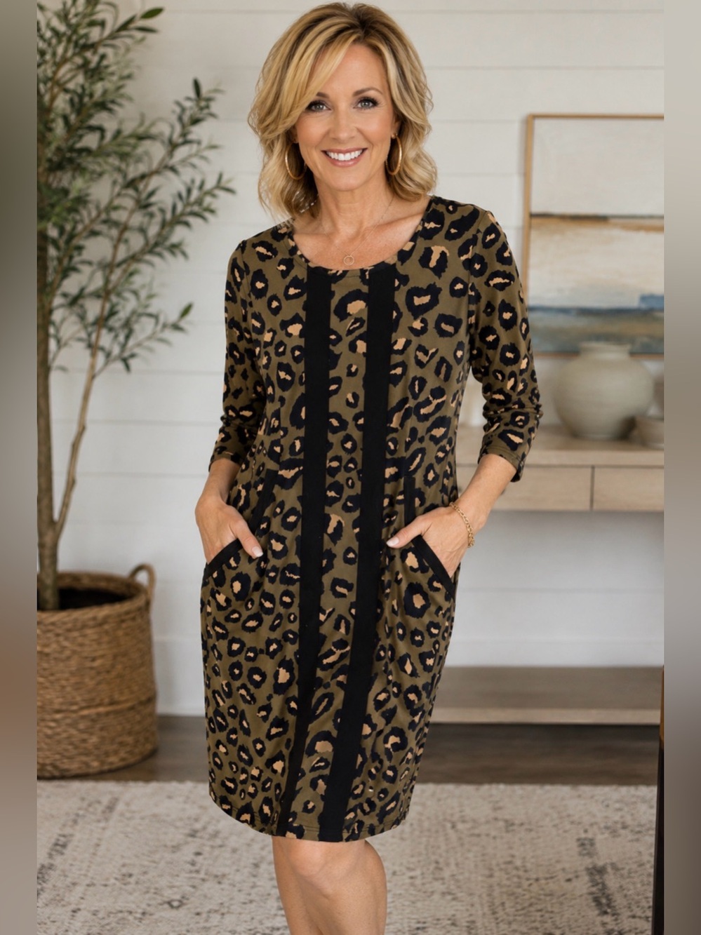 TRACY NEGOSHIAN LEOPARD PRINT EASY WEAR 3/4 SLEEVE DRESS CAREER CLASSIC MEDIUM